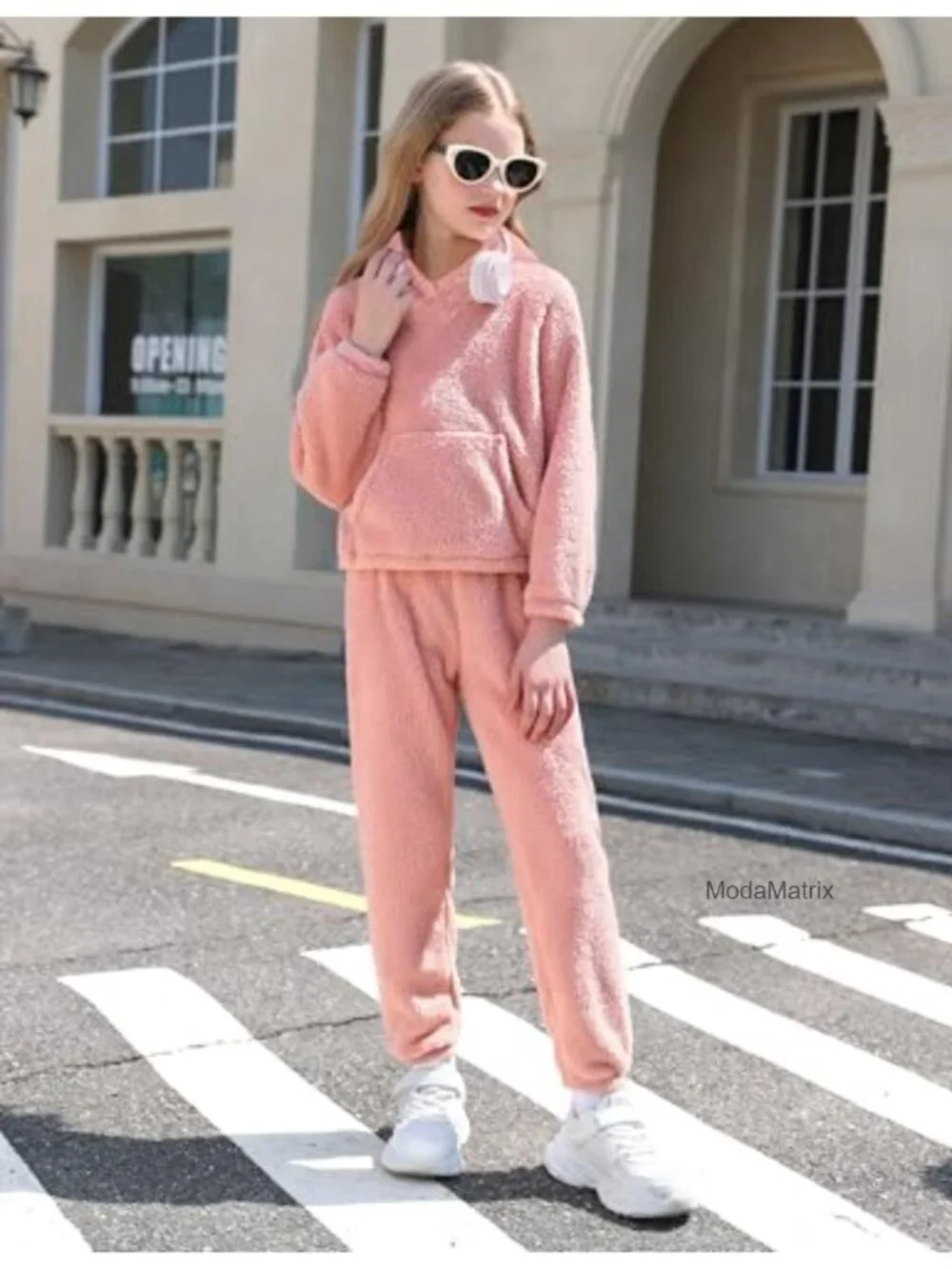 Girls Fuzzy Bear Ear Plaid Hoodie Pullover Sweatshirt with Pocket Sweatpants 2